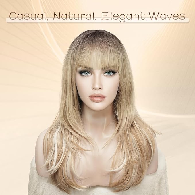 SOFEIYAN Long Straight Layered Blonde with Black Roots Wig with Bangs 24 Inch Synthetic Natural Hair Wig Soft Heat Resistant Long Wigs for Women Daily Party Use