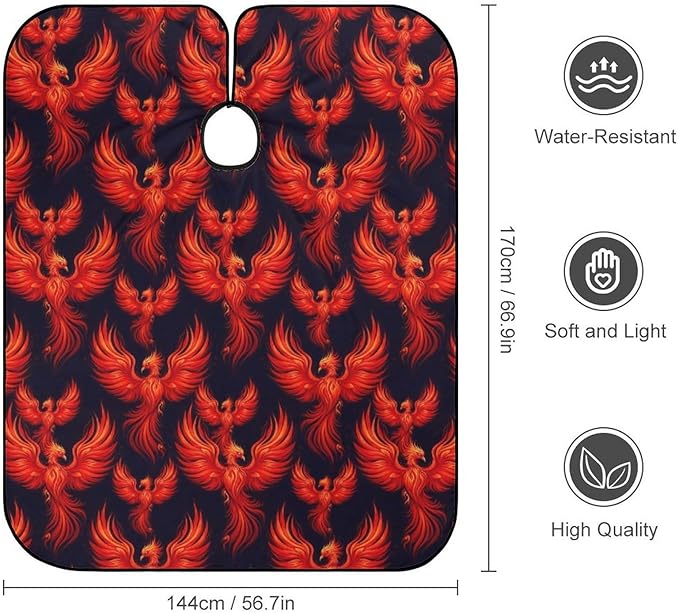 Women Red Fire Flame Bird Black Hair Salon Cutting Cape, Large Long Hairdressing Apron for Home Stylists, Haircut Tools