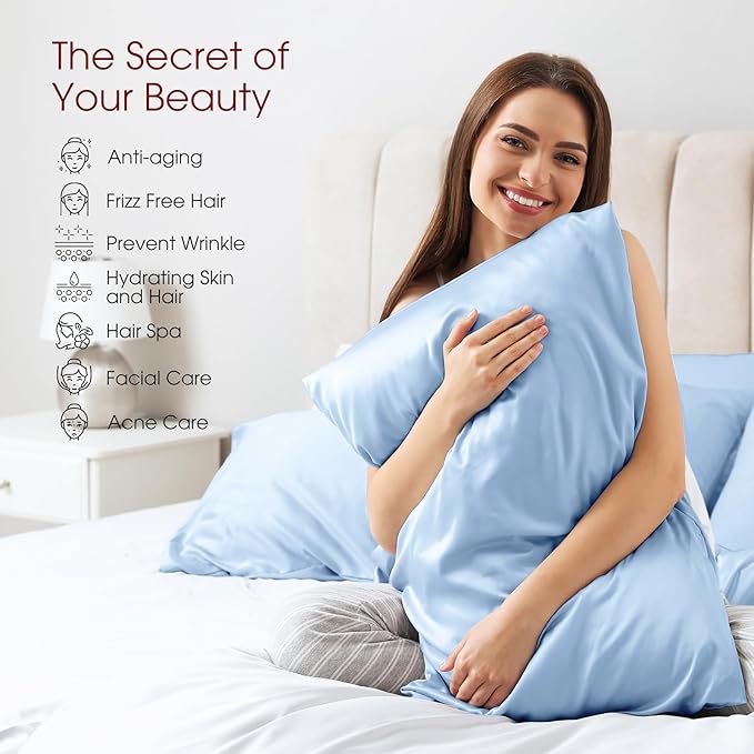 100% Silk Pillow Cases 2 Pack King Size Mulberry Silk Pillowcase for Hair and Skin Set of 2 Highest Grade 6A Silk Soft Breathable Cooling with Hidden Zipper, Sky Blue