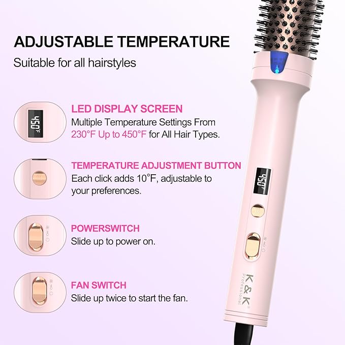 K&K 1.7 Inch Cool-AIR TECH Hair Styling Tool Bounce Brush, Heated Thermal Round Brush with Negative Ion Technology, Multiple Heat Settings for Blowout Look with Hair Care (Pink, 1.5 Inch)