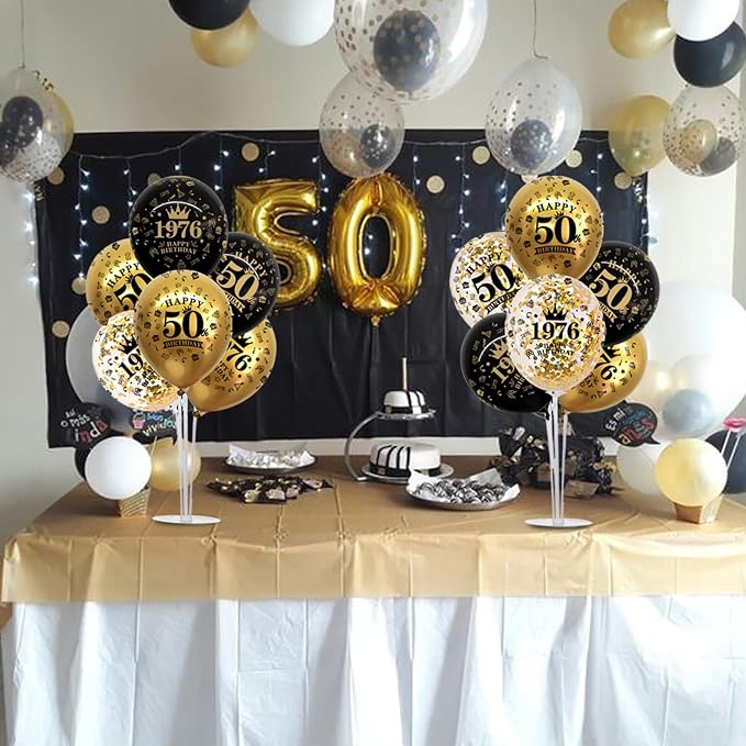 TONIFUL 4 Set 70th Birthday Decor Printed 1956 Black Gold Balloon Stand | - Image 4