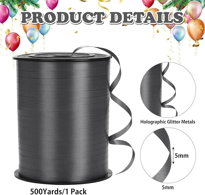 500 Yard Black Curling Ribbon for Gift Wrapping, Balloon Thin String, 3/16" - Image 2