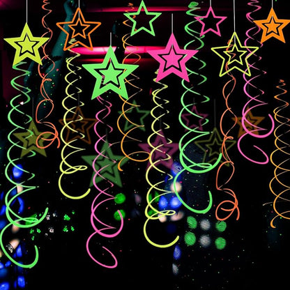 54 Pieces UV Hanging Swirl Paper Neon Star Garlands Streamers Black Light Glow by WELITTCON