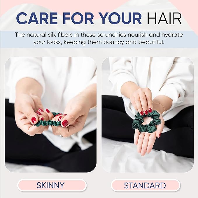 Blissy Silk Scrunchies (3 Pack) - 100% Pure Mulberry Silk - 22 Momme 6A High-Grade Fibers Scrunchie for Straight & Curly Hair (Emerald, Skinny)