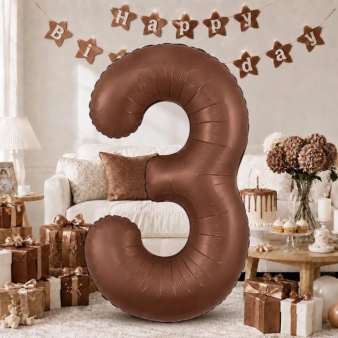 Dark Brown Number 3 Balloon, 40 Inch Giant Chocolate Brown Number Balloons 0-9 by KAINSY