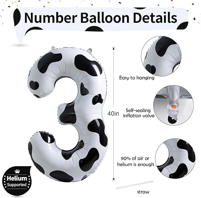 Large Number Balloons 40 Inch, Cow Print Self Inflating 3 Balloons - Image 2