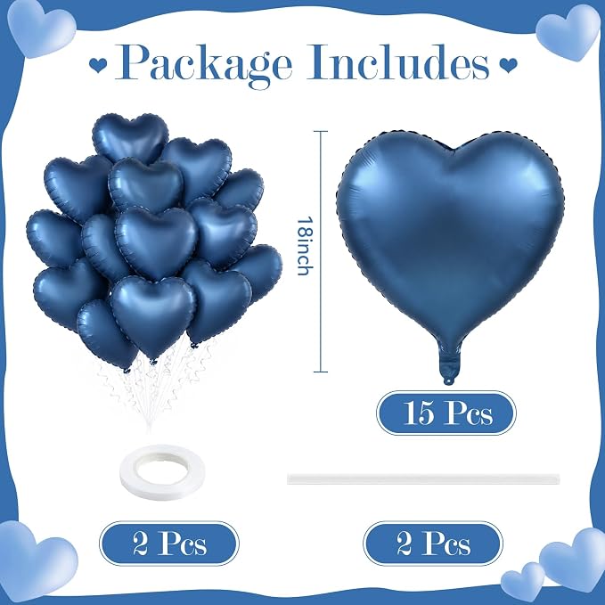 TONIFUL 15 Pack 18 Inch Dusty Blue Heart Foil Balloons – Matte Blue Mylar Heart - Image 2