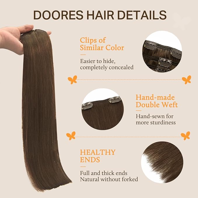 DOORES Hair Extensions Clip in Human Hair, Chocolate Brown 120g 7pcs 14 Inch, Clip in Remy Human Hair Extensions Straight Natural Weft