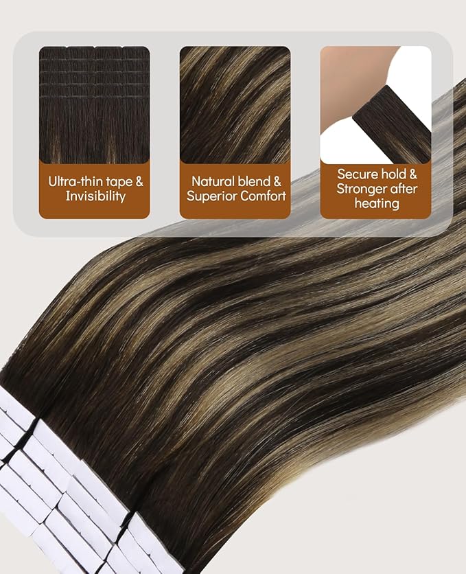 VINBAO 55g Invisi Edge Tape in Extensions Human Hair Balayage Darkest Brown to Medium Brown Ombre Injected Tape in Hair Extensions Invisible 20pcs 20inch #2/6/2