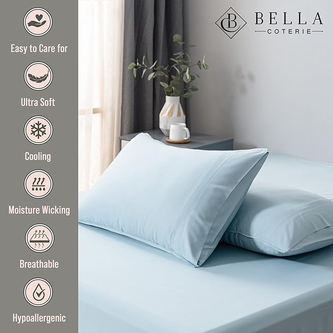 Bella Coterie | Luxury Bamboo Viscose Standard Size Pillowcase Set | 100% Organically Grown | Ultra Soft | Cooling | 2 Pcs [Coastal Blue]