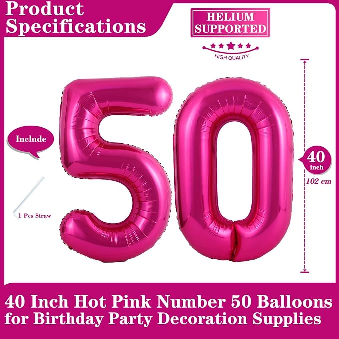 Hot Pink 50 Number Balloons, 40 Inch Giant Number 50 Balloons Foil Mylar Helium - Image 2