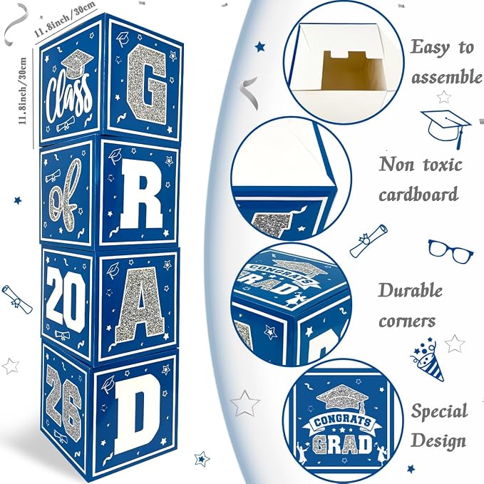 2026 Graduation Decorations Blue and Silver Balloon Boxes Class of 2026 Decor - Image 6