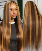 13x6 Lace Front Wigs Human Hair Highlight Ombre HD Lace Frontal Wig Pre Plucked Tangle-Free 200 Density Brown 4/27 Colored Real Virgin Human hair Wig Can Last 6-9 Months 28 Inch