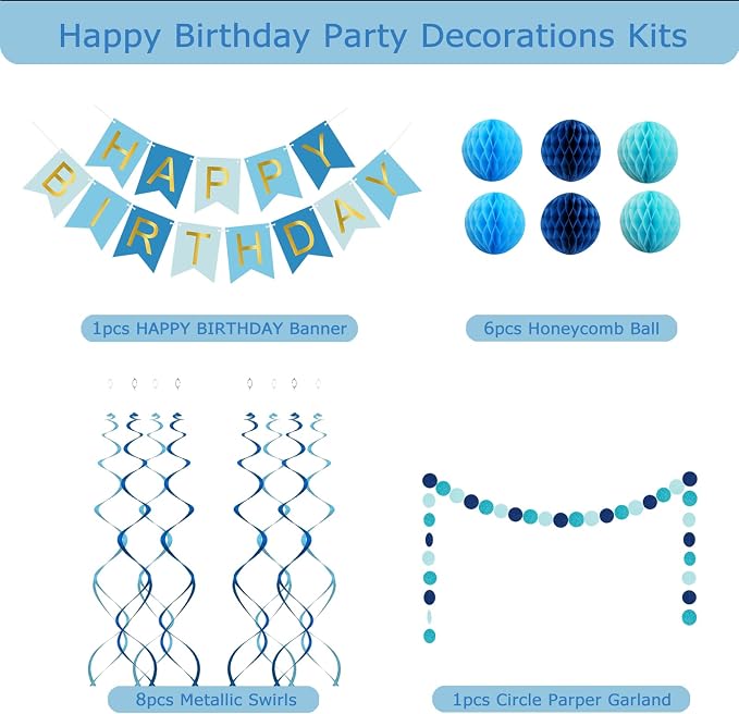 Blue Birthday Decorations with Happy Birthday Banner, Paper Honeycomb Balls - Image 2