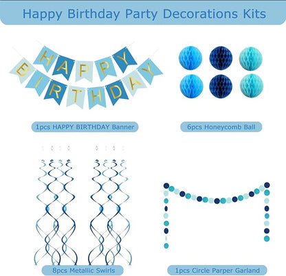 Blue Birthday Decorations with Happy Birthday Banner, Paper Honeycomb Balls - Image 2