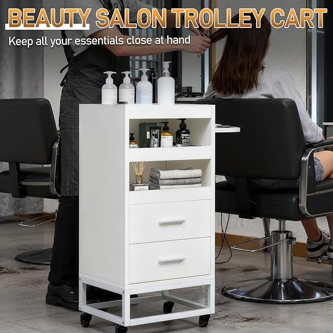 Winado Beauty Salon Trolley Cart, Rolling Hair Cart with Lockable Wheels, 2 Drawers, 3 Tool Holders, Mobile Makeup Organizer Station Cabinet for Hair Stylist Beauty Spa Barbershop, White