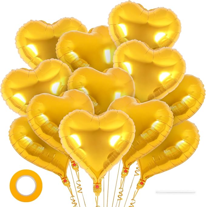 12 Pcs Gold Heart Balloons, 18 Inch Heart Foil Balloons Love Balloon Valentine by YOTHORN