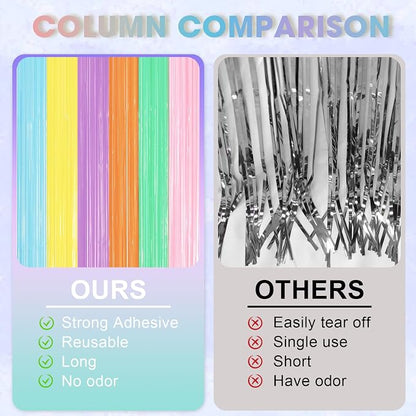 Voircoloria Pastel Rainbow Foil Fringe Backdrop Curtains, 2 Pack | Tinsel - Image 3