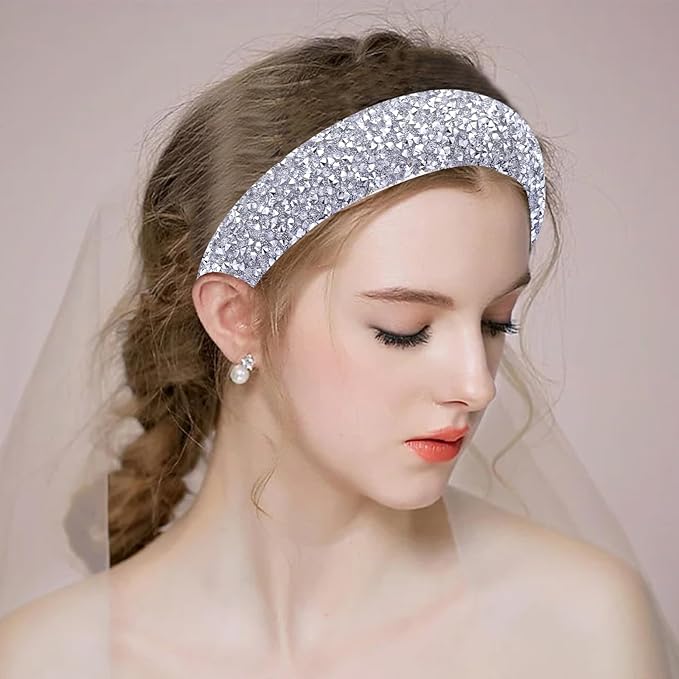 2PCS Sparkle Wide Headband for Women Rhinestone Padded Headband Black Sliver Glitter Hairbands Comfort High Elastic Head Band Bling Hair Accessories for Womens Girls Hair