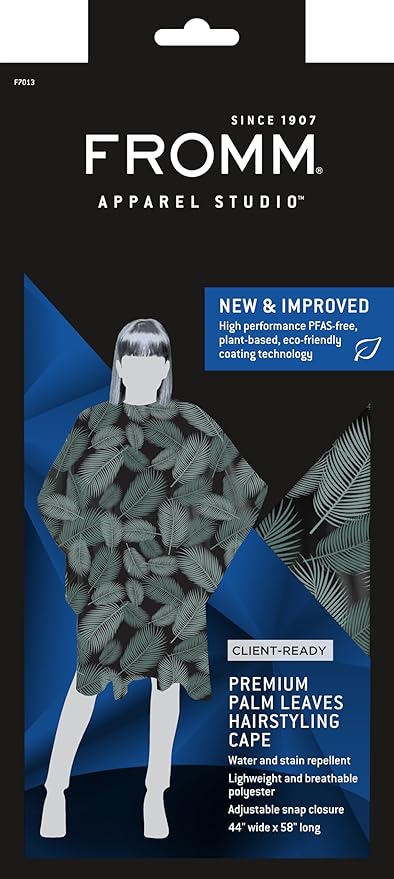 Fromm Professional Client Hair Styling and Hair Cutting Cape, Water and Stain Repellent Teflon Coating for Shampoo Bowl and Wet/Dry Cutting, 44" x 58", Palm Leaves