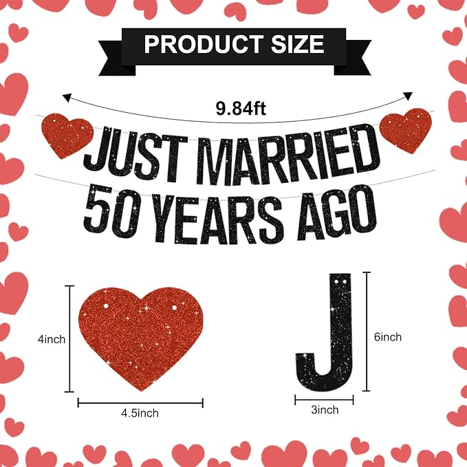 Black Glitter Just Married 50 Years Ago Banner, NO DIY, Pre-Strung 50th Wedding - Image 3