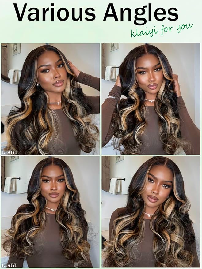 KLAIYI Ombre Highlight Blonde Loose Body Wave Bye Bye Knots Glueless Wigs Human Hair 7x5 Precut Lace Front Pre Plucked Bleached Ready to Wear Go Wig with Face Framing Curtain Bang Caramel Brown 18Inch