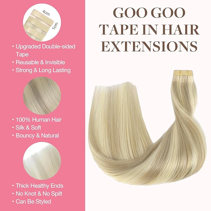 GOO GOO Tape in Hair Extensions Human Hair, 17A/60A Ash Blonde Highlighted Platinum Blonde, 24inch 100g 40pcs, Skin Weft Seamless Invisible, Silky Straight with Thick Ends, Remy Human Hair