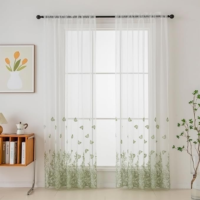 White Sheer Voile Curtains Green Embossed Butterflies 72 Inches | Light - Image 2