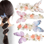 4PCS Rose Bead Spiral Hair Ties, 4 Colors Butterfly Floral Phone Cord Ponytail Holders for Women, Elegant Rubber Hair Coils, Stylish Hair Accessories for Party, Daily Use