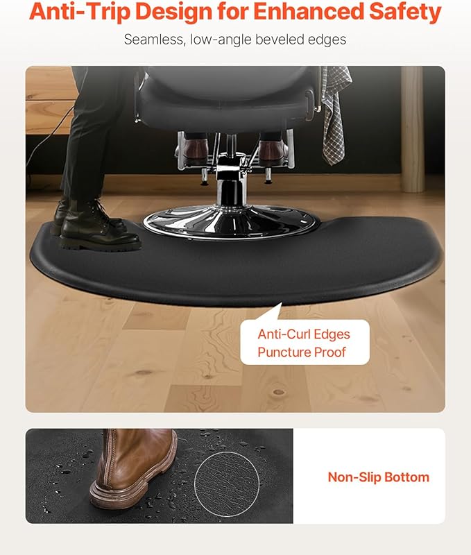 VEVOR Salon Mat for Hair Stylist, 3 x 4 FT Semi-Circle Salon Chair Mat, 1-inch Thickened Anti Fatigue Barber Shop Floor Mat with Round Cut Out, Easy-to-Clean PVC Surface & Anti-Trip Beveled Edges