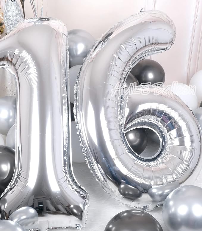 AULE 40 Inch Silver 16 Balloon Number Foil 0-9 Birthday Big Numbers | Birthday - Image 3