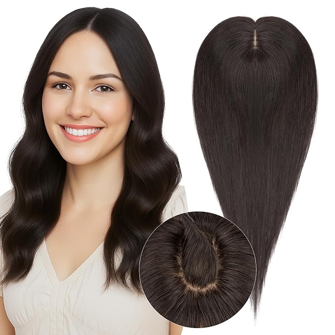 Real Human Hair Toppers for Women 3.54"*4.72" Silky Base 150% Density No Bangs Adjustable Parting Clip-In Topper Hairpieces for Women with Thinning Hair 16 Inches Natural Black