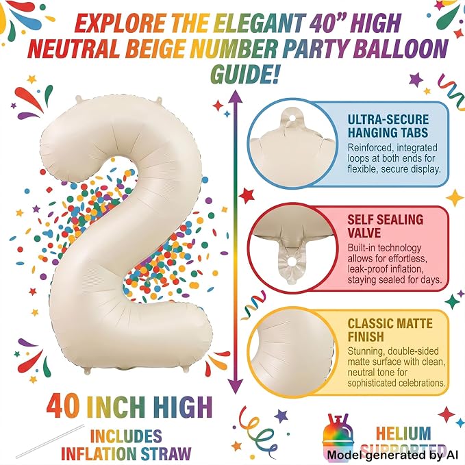 40 Inch Cream Foil Number 2 Balloon - Image 2