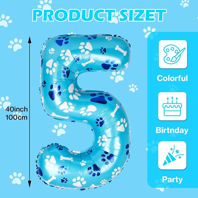 40 Inch Blue Dog Paw Birthday Balloons, Number 5 Balloons - Image 2