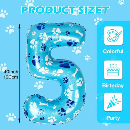 40 Inch Blue Dog Paw Birthday Balloons, Number 5 Balloons - Image 2