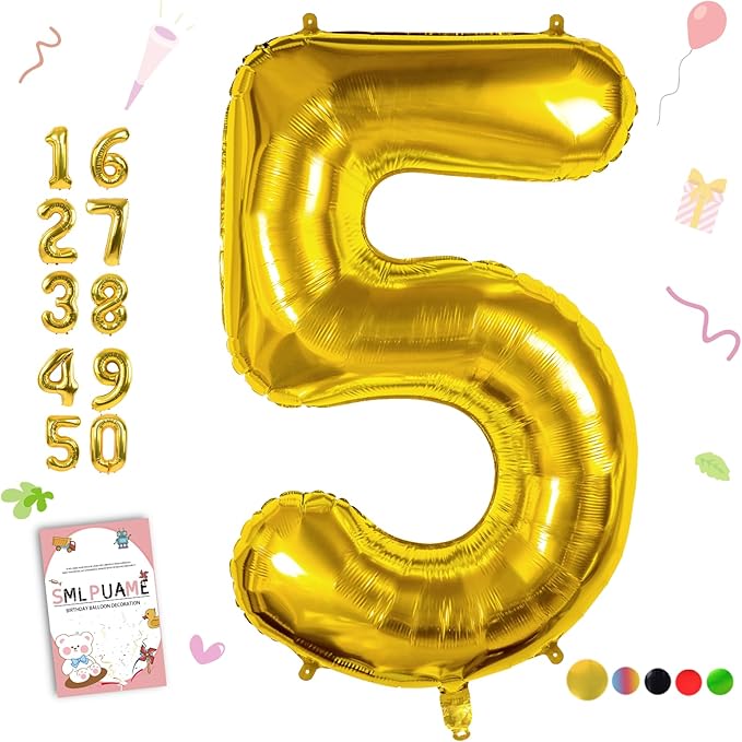 40 Inch Gold Number 5 Balloon, 5th Birthday Decoration Boys Girls | Large Self by Smlpuame