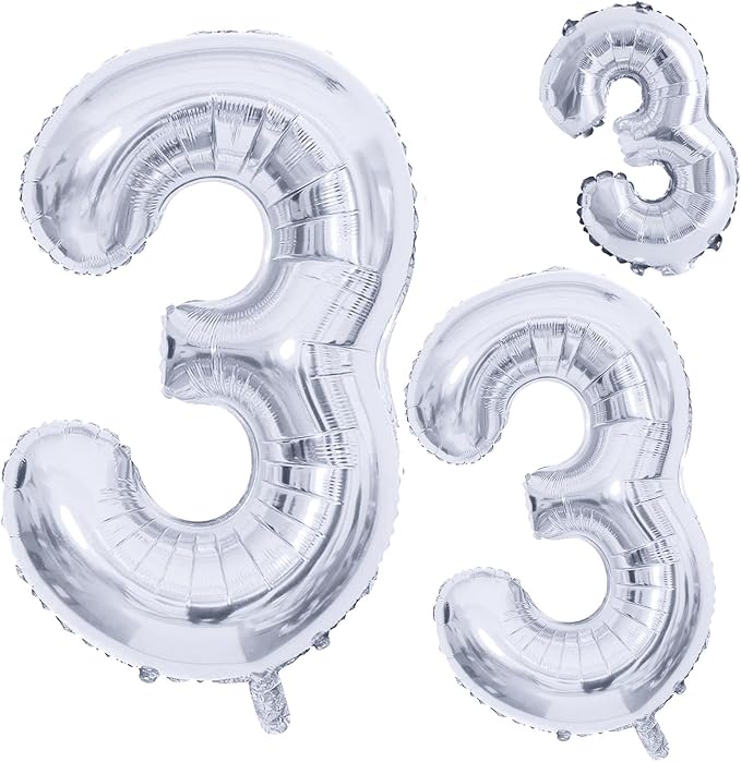 Silver Foil Balloons Number 3, Huge Number Balloons by GOER