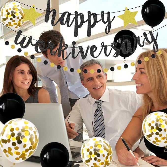 Happy Workiversary Banner Black Gold Glitter Work Anniversary Party Decorations - Image 4