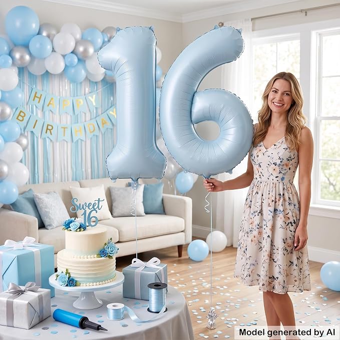 40" Light Blue Foil Number 16 Balloon - Image 4