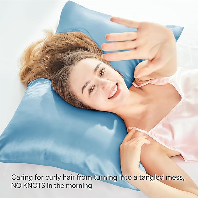 BEDELITE Satin Pillowcase with Zipper, Blue Pillow Cases Queen Size Set of 2, Super Soft and Cooling Similar to Silk Pillow Cases, Gift for Women Men(20x30 Inches)