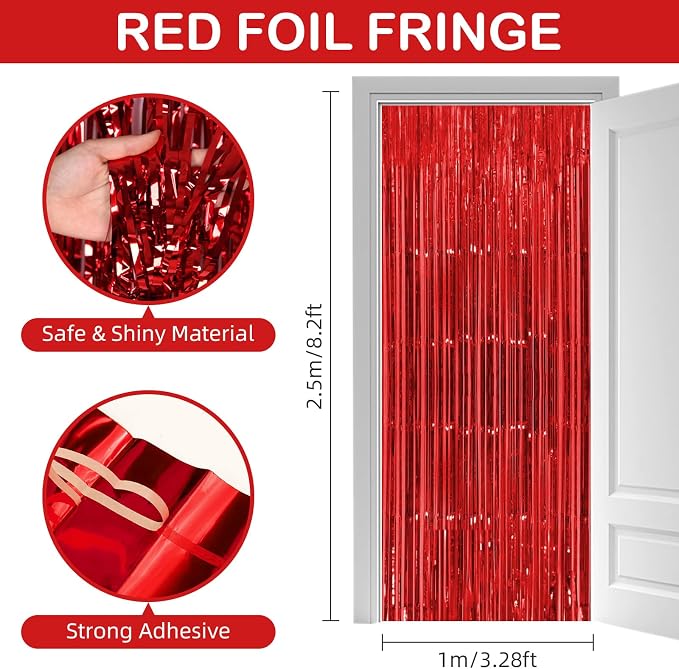 30 Pack Red Foil Fringe Curtain Backdrop, 3.3x8.2 Feet Metallic Tinsel Streamer - Image 3