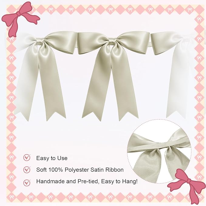 2 Strings of 16PCS Ivory White Bow Garland Banner Decoration, Pre-Strung Satin - Image 3