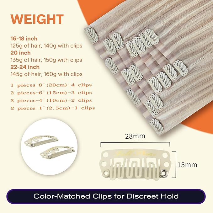 Full Shine Clip in Hair Extensions 20 inch 150g 8Pcs Seamless Clip ins Human Hair Ash Blonde Highlight Bleach Blonde Remy Hair Clip ins for Women