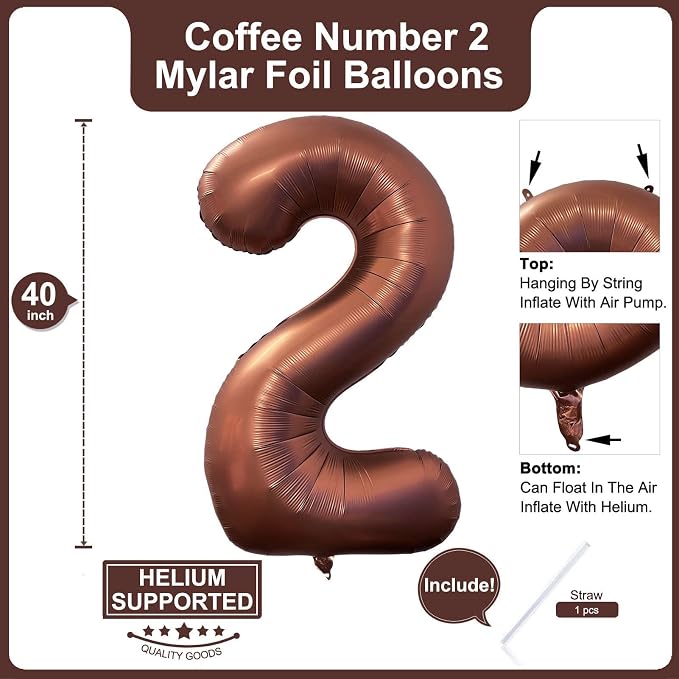 40 Inch Coffee Brown Number 2 Balloon Large Size Jumbo Digit Mylar Foil Retro - Image 2