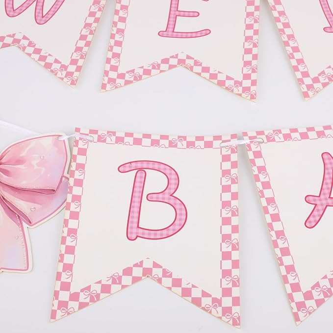 2pcs Welcome Baby Banner, Pre-Strung Pink Bow Welcome Baby Sign Hanging Banner - Image 4