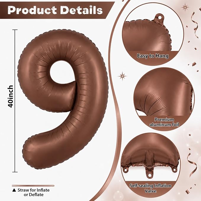 40 Inch Dark Brown Numbers 9 Balloons, Large Self Inflating Chocolate Brown - Image 2