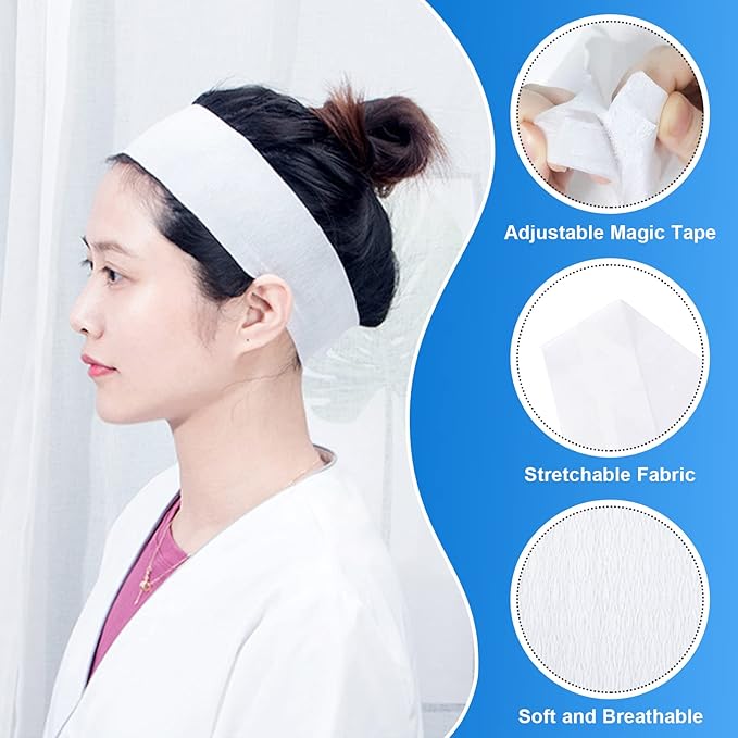 200 Pieces Disposable Spa Facial Headbands Individual Wrapped Elastic Makeup Headband with Adjustable Stretch Non-Woven Soft Skin Care Hair Band with Convenient Closure for Women