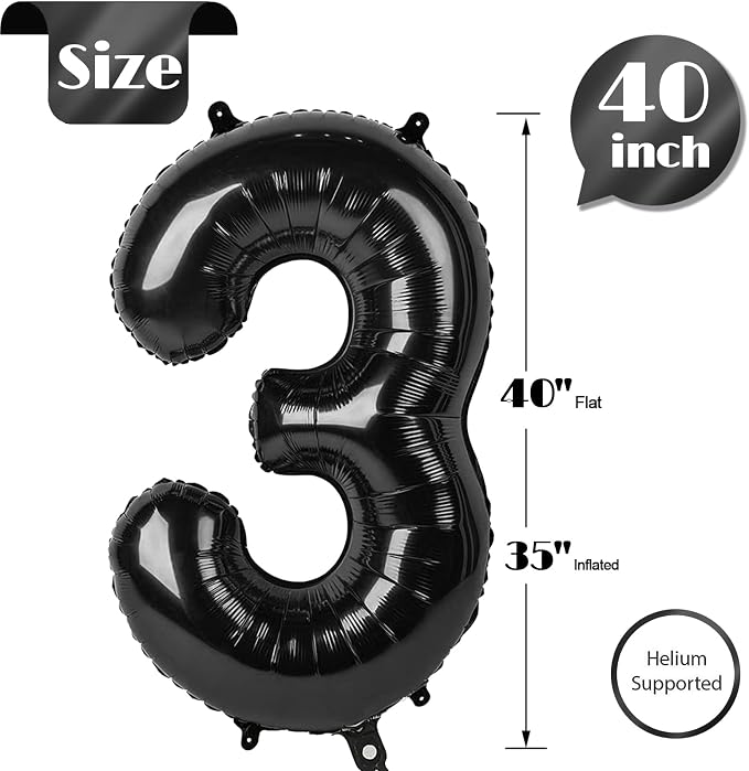 Black Number 3 Balloon 40 Inch, 3rd Birthday Party Decorations Men Women | Foil - Image 3