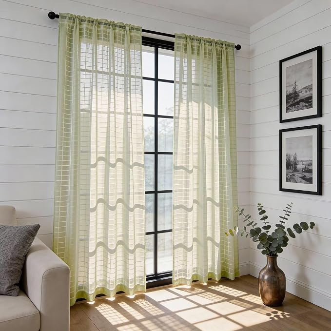 SpaceDresser Check Sheer Curtains 90 Inches 2 Panels Set, Rod Pocket Plaid - Image 4