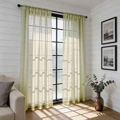 SpaceDresser Check Sheer Curtains 90 Inches 2 Panels Set, Rod Pocket Plaid - Image 4
